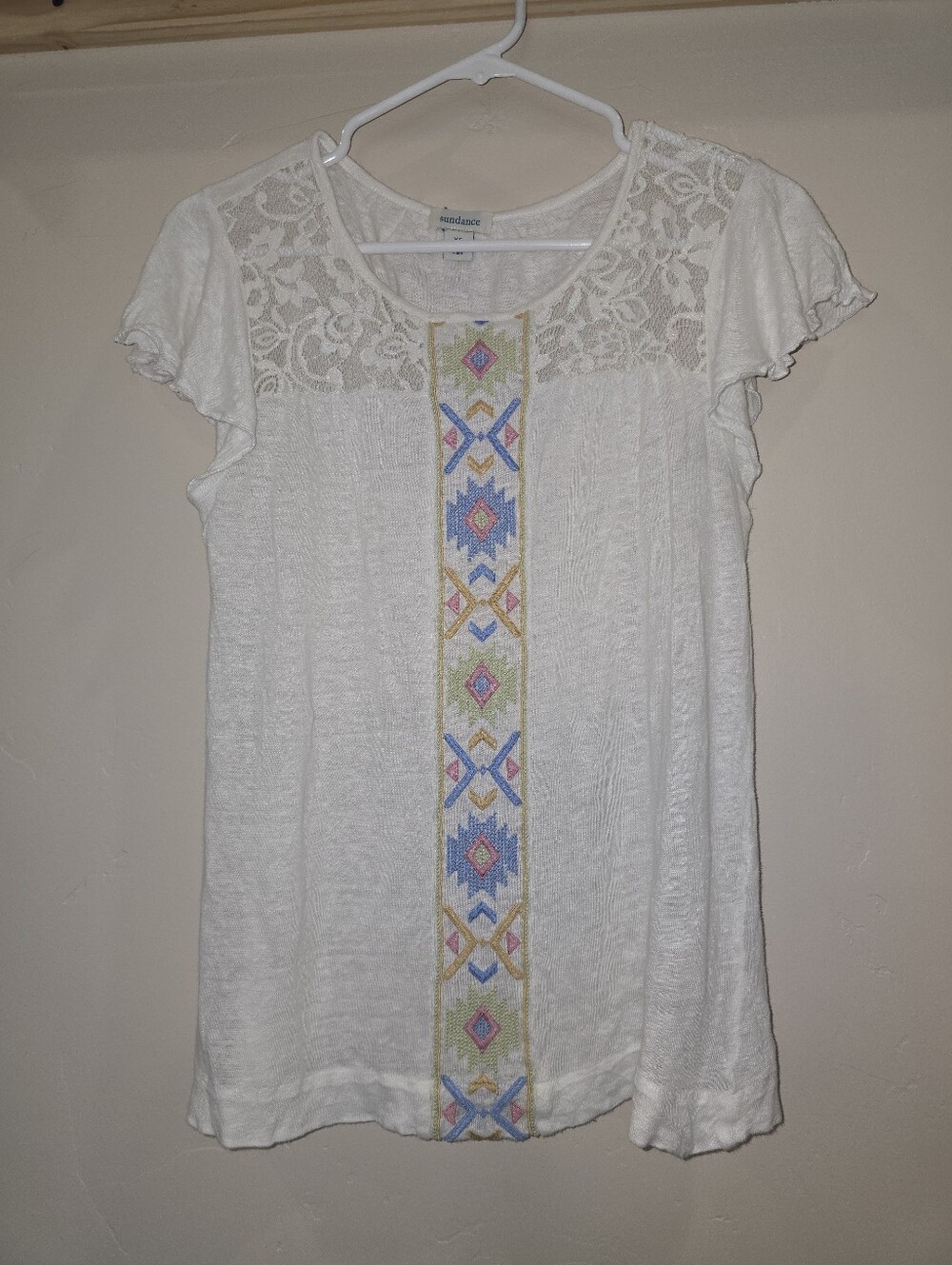 Sundance Tee Women's Size XS 100% Linen Embroidered Lace Boho Festival Coquette